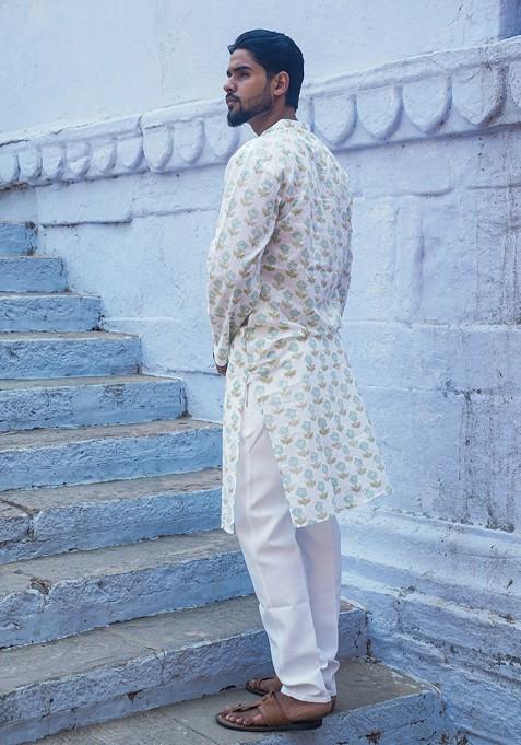 White Printed Woven Cotton Kurta Set For Men