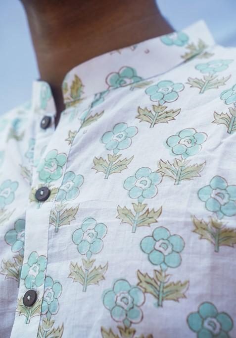 White Printed Woven Cotton Kurta Set For Men