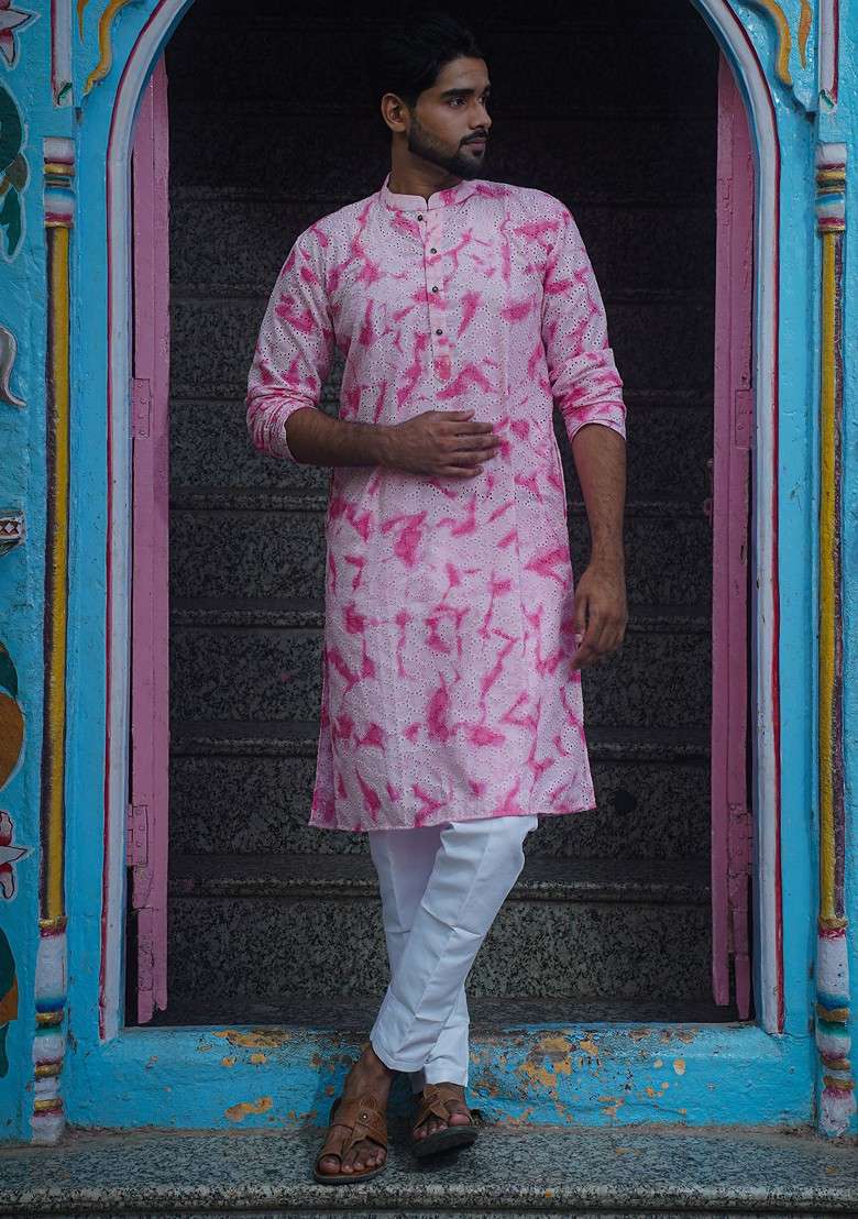 PInk Printed Woven Cotton Kurta Set For Men - Indya