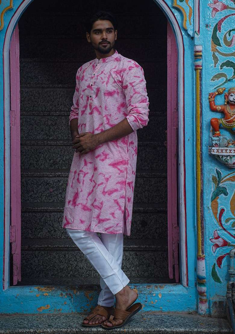 PInk Printed Woven Cotton Kurta Set For Men - Indya