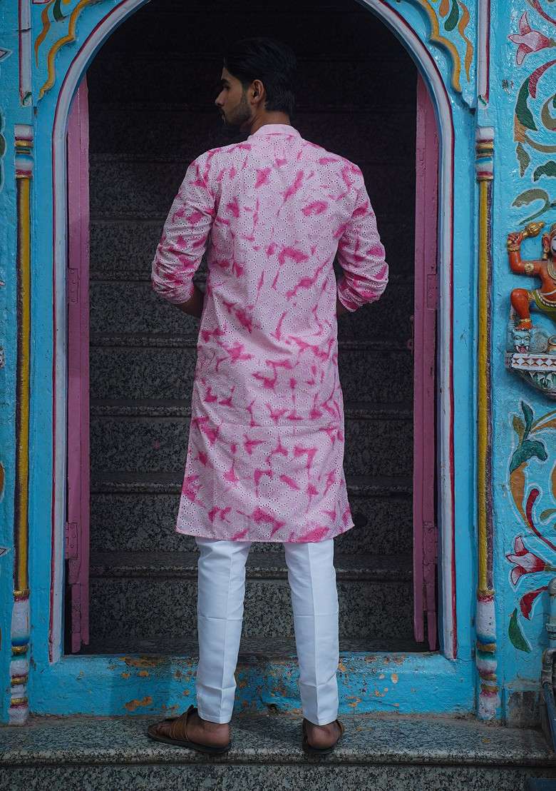 PInk Printed Woven Cotton Kurta Set For Men - Indya