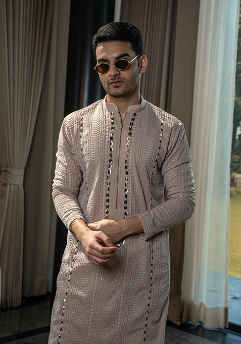 Dull Pink Embellished Georgette Kurta Set For Men