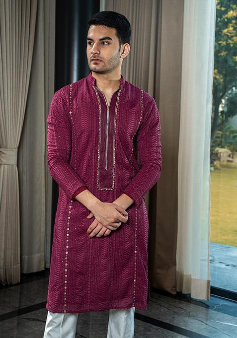 Wine Embellished Georgette Kurta Set For Men