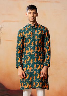 Green And Orange Printed Cotton Kurta Set For Men