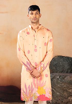 Orange Floral Print Russian Silk Kurta Set For Men