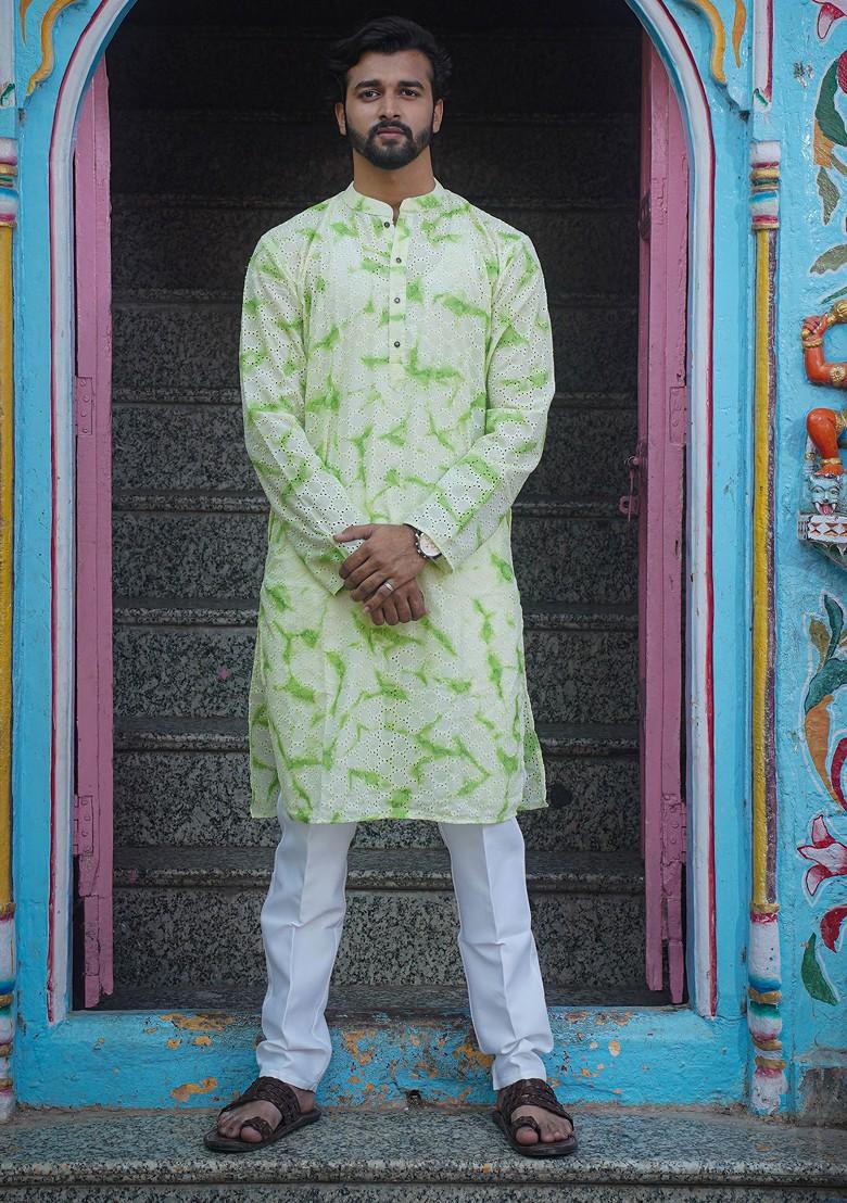 Green Printed Woven Cotton Kurta Set For Men