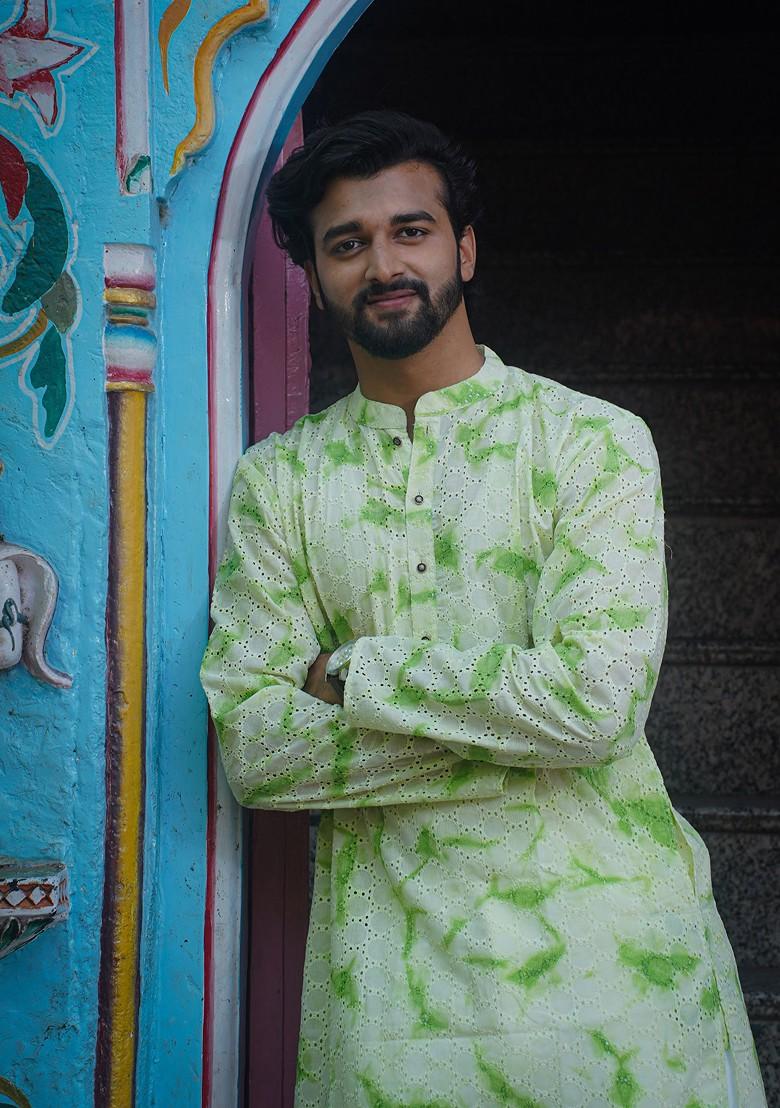 Green Printed Woven Cotton Kurta Set For Men