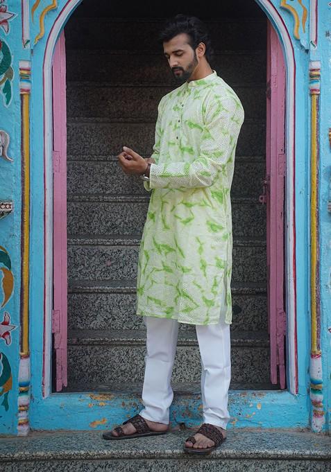 Green Printed Woven Cotton Kurta Set For Men