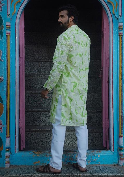 Green Printed Woven Cotton Kurta Set For Men