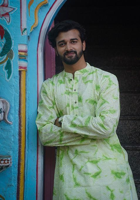 Green Printed Woven Cotton Kurta Set For Men