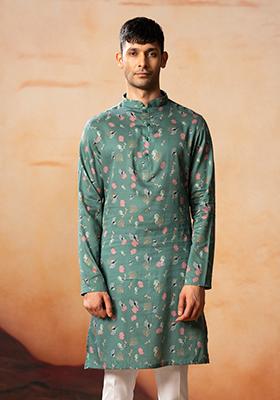 Olive Green Floral Print Cotton Kurta Set For Men