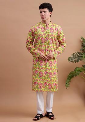 Yellow Woven Cotton Kurta Set For Men