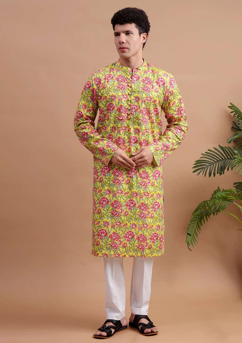Yellow Woven Cotton Kurta Set For Men - Indya