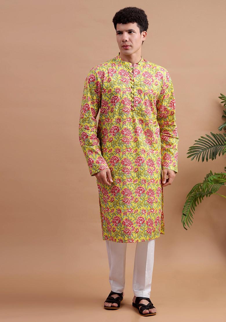 Yellow Woven Cotton Kurta Set For Men