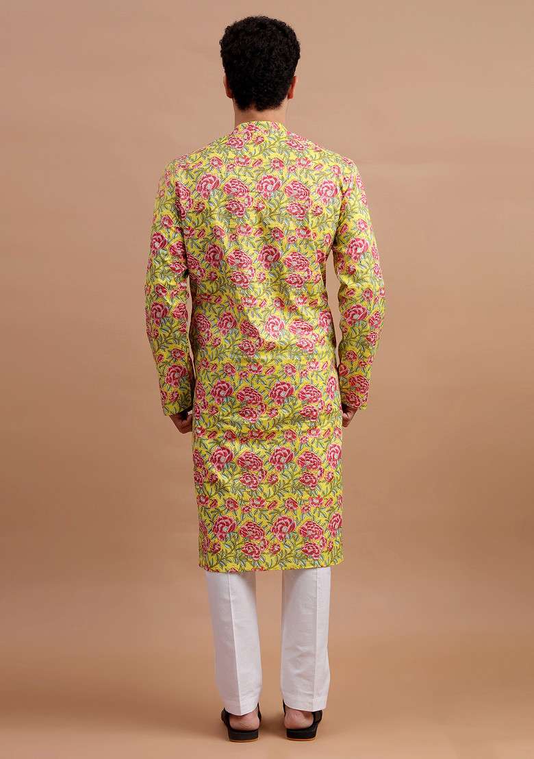 Yellow Woven Cotton Kurta Set For Men - Indya