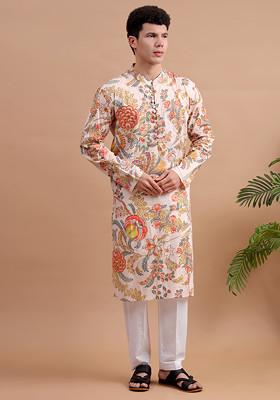 Beige Woven Cotton Kurta Set For Men