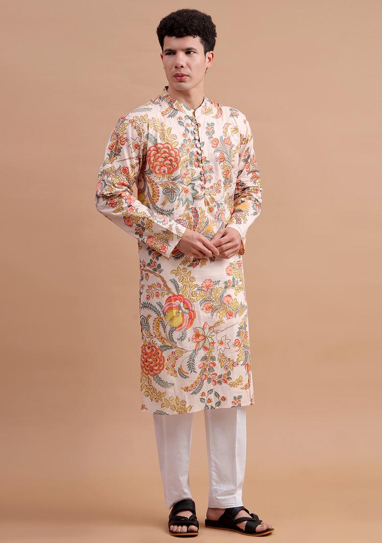 Beige Woven Cotton Kurta Set For Men