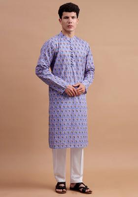 Lavender Woven Cotton Kurta Set For Men