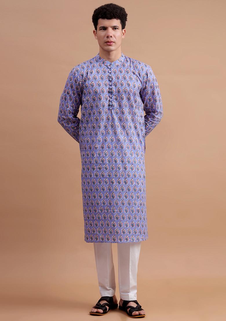 Lavender Woven Cotton Kurta Set For Men