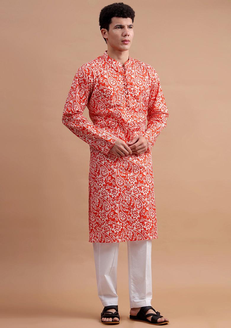 Orange Woven Cotton Kurta Set For Men