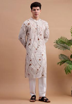 Brown Woven Cotton Kurta Set For Men