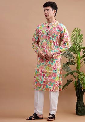 Multicolor Woven Cotton Kurta Set For Men