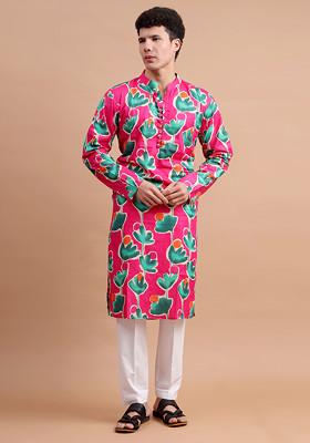 Pink Woven Cotton Kurta Set For Men