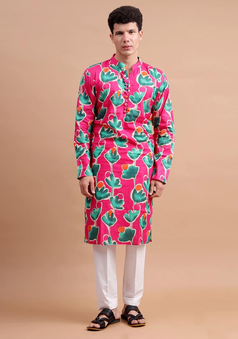 Pink Woven Cotton Kurta Set For Men