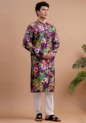 Purple Woven Cotton Kurta Set For Men