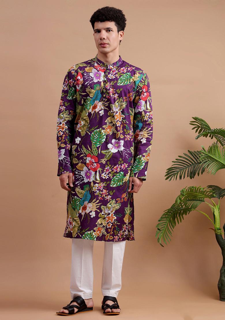 Purple Woven Cotton Kurta Set For Men