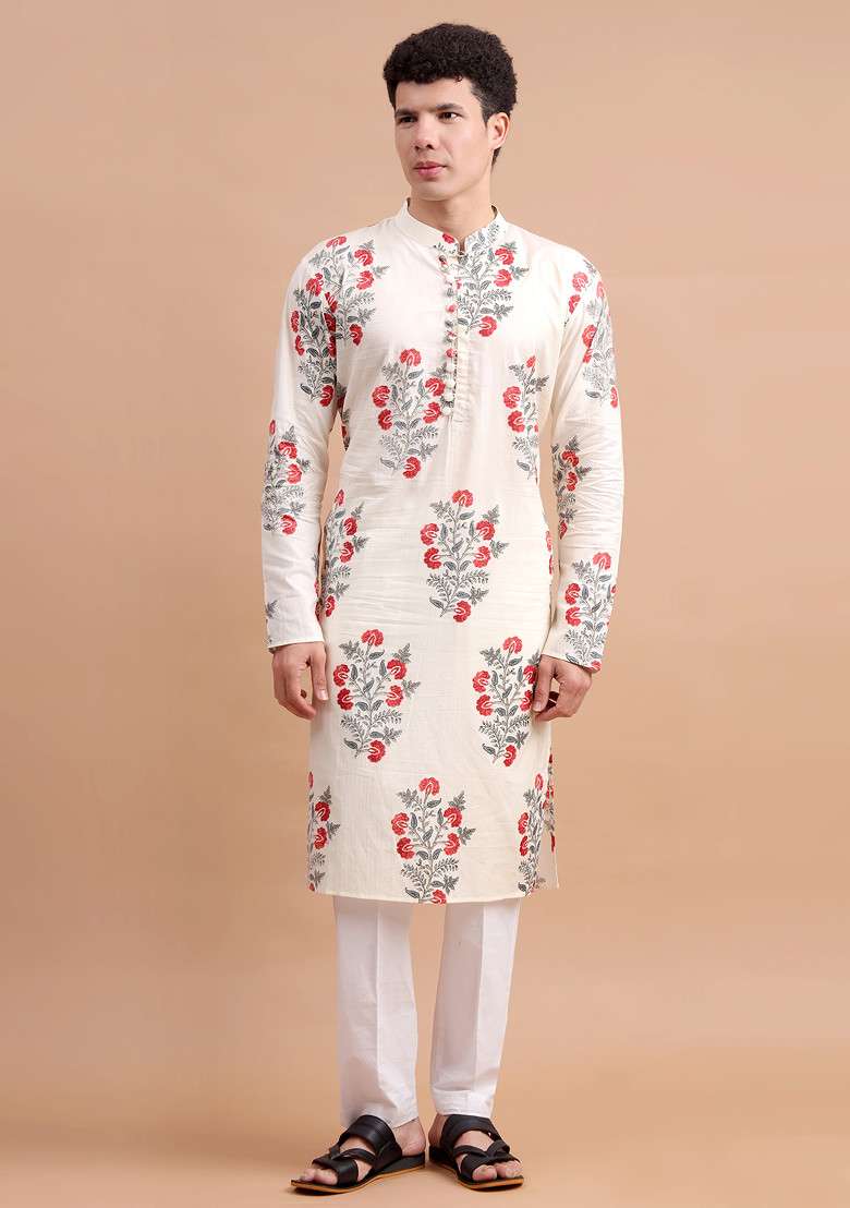 Off-White Woven Cotton Kurta Set For Men - Indya