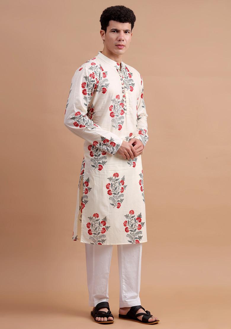 Off-White Woven Cotton Kurta Set For Men