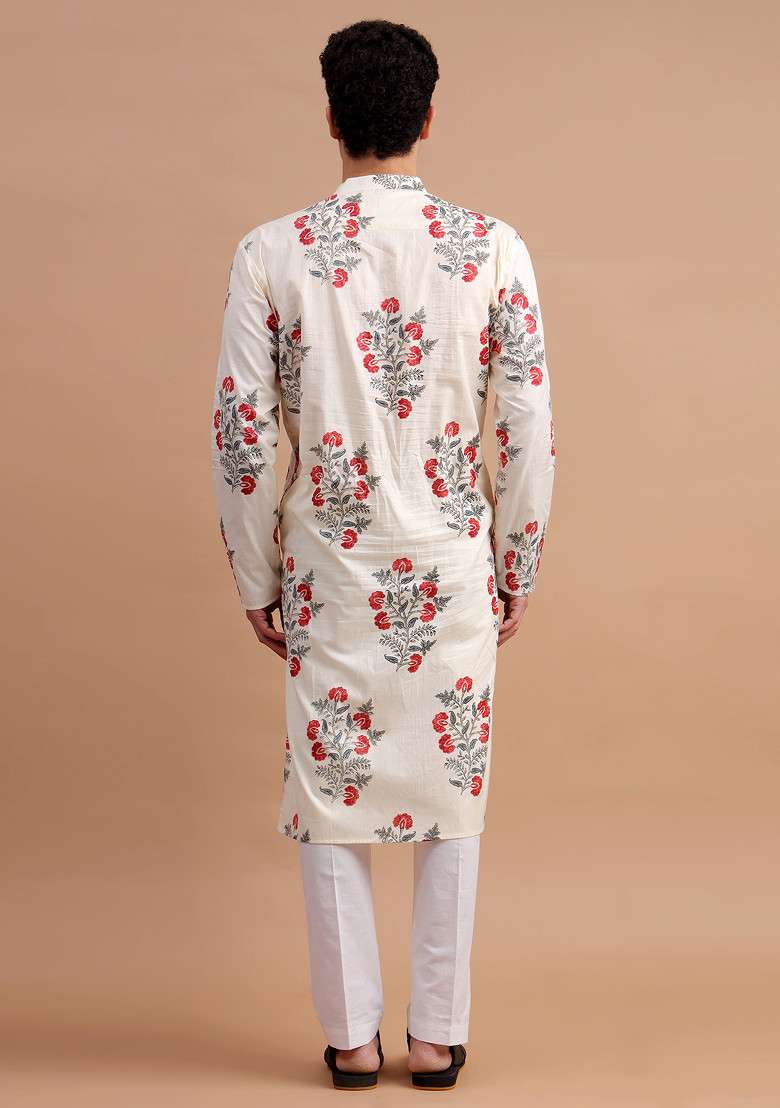 Off-White Woven Cotton Kurta Set For Men - Indya