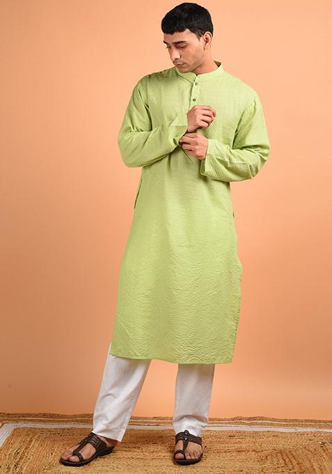 Pista Green Cotton Kantha Weave Kurta For Men