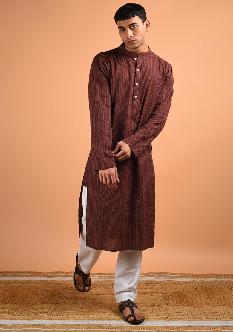 Coco Brown Kantha Weave Kurta For Men