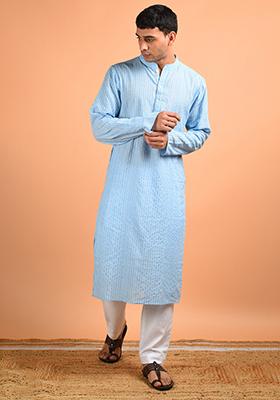 Sky Blue Kantha Weave Kurta For Men