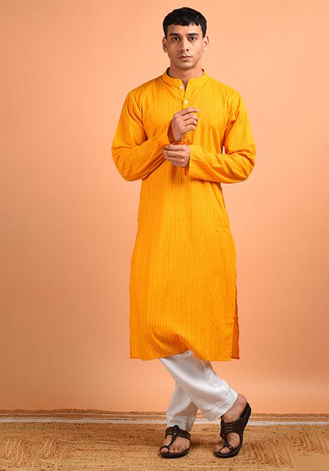 Aftab Yellow Kantha Weave Kurta For Men