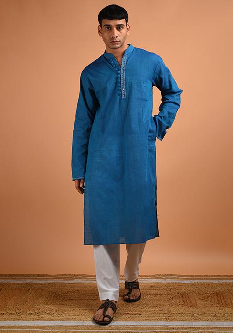 Teal Blue Hand Embroidered Kurta For Men