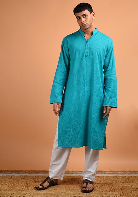 Turquoise Kantha Weave Kurta For Men