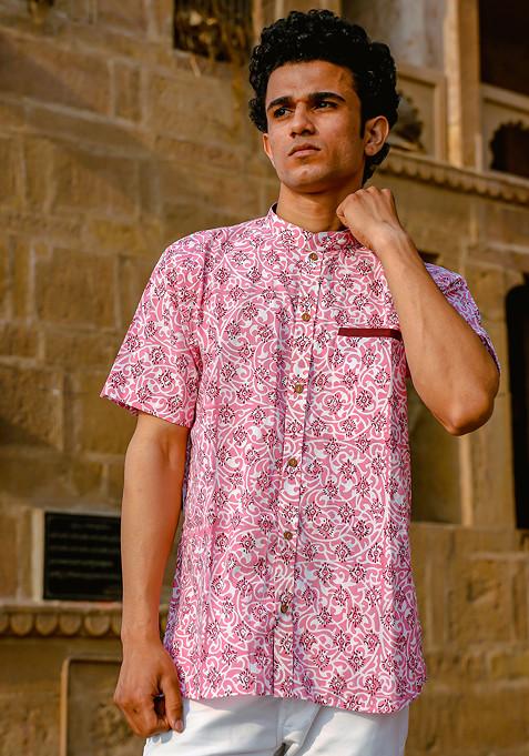 Pink Palmette Handblock Cotton Shirt For Men