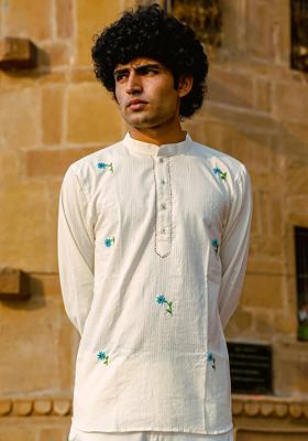 White Hand Embroidered Cotton Dobby Short Kurta For Men