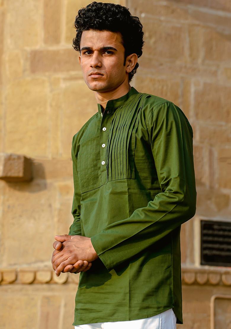 Forest Green Pintuck Short Cotton Kurta For Men
