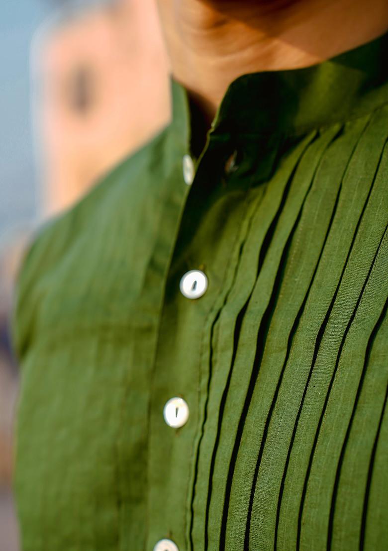Forest Green Pintuck Short Cotton Kurta For Men