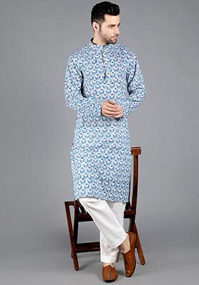 Blue Vega Handblock Kurta For Men