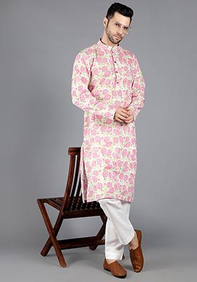 Light Pink Handblock Cotton Kurta For Men