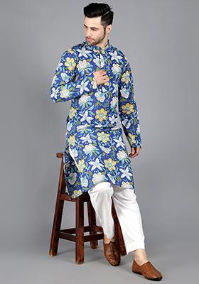 Royal Blue Block Print Kurta For Men