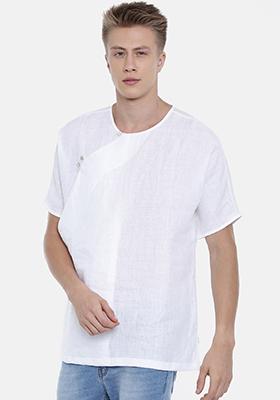 White Linen Short Kurta For Men