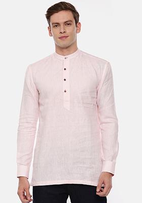 Baby Pink Linen Short Kurta For Men