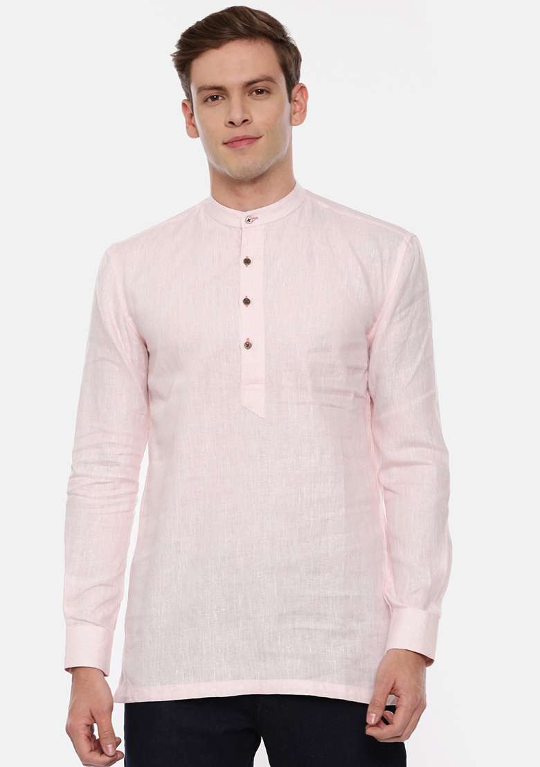 Baby Pink Linen Short Kurta For Men - Indya