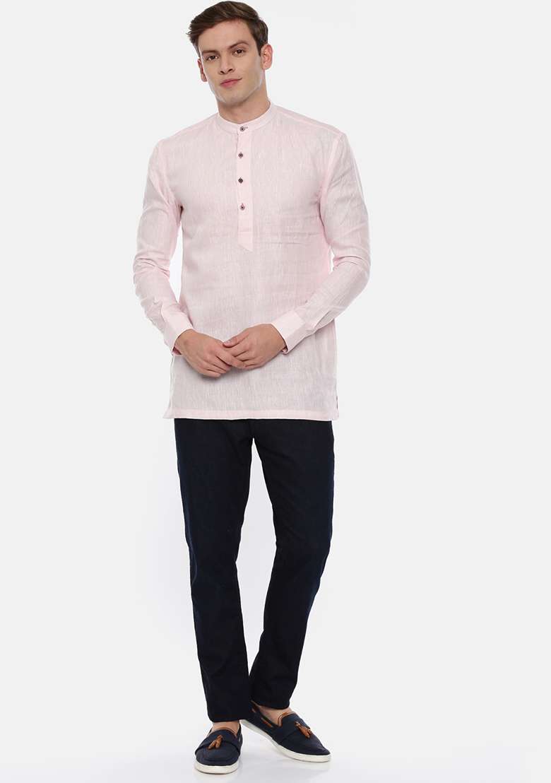 Baby Pink Linen Short Kurta For Men - Indya